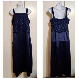 Size 1X Sleeveless Navy Blue Sequin Long A-Line Navy Evening Dress